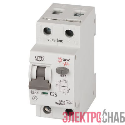 Выключатель автоматический дифференциального тока 2п (1P+N) C 25А 30мА тип A 6кА АД-32 электрон. PRO D326E2C25A30 Эра Б0059198