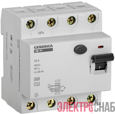 Выключатель дифференциального тока (УЗО) 4п 63А 30мА тип AC ВД1-63 GENERICA ИЭК MDV15-4-063-030