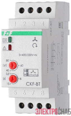 Реле контроля наличия и чередования фаз CKF-BT (монтаж на DIN-рейке 35мм; микропроцессорный; регулировка порога отключения и времени отключения; контроль верхнего и нижнего значений напряжения; 3х400/230+N 2х8А 1Z 1R IP20) F&F EA04.002.004