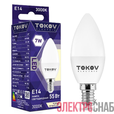 Лампа светодиодная 7Вт С37 3000К Е14 176-264В TOKOV ELECTRIC TKE-C37-E14-7-3K