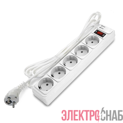 Удлинитель с сетевым фильтром 5х3м с заземл 10А 2.2кВт IP20 2хUSB ПВС 3х1 с выкл. бел. DOMTOK 2565