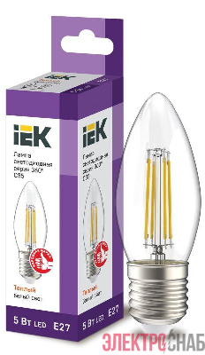 Лампа светодиодная филаментная 360° 5Вт C35 свеча 3000К E27 230В прозр. IEK LLF-C35-5-230-30-E27-CL