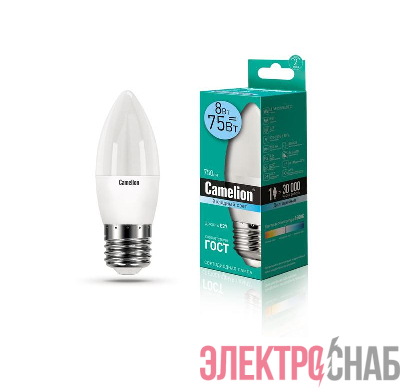 Лампа светодиодная LED8-C35/845/E27 8Вт свеча 4500К бел. E27 750лм 170-265В Camelion 12390