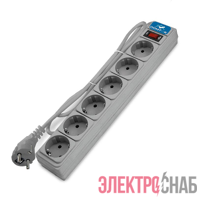 Удлинитель с сетевым фильтром 6х5м с заземл 10А IP20 2.2кВт ПВС 3х1 с выкл. сер. DOMTOK 2520