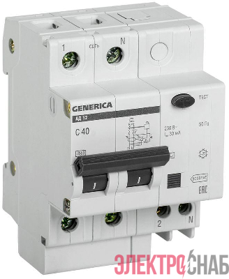 Выключатель автоматический дифференциального тока 2п 40А 30мА АД12 GENERICA ИЭК MAD15-2-040-C-030