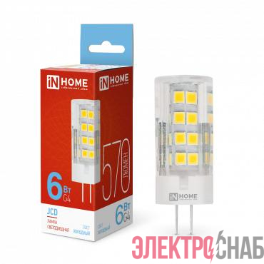 Лампа светодиодная LED-JCD 6Вт капсульная прозрачная 6500К холод. бел. G4 570лм 230В IN HOME 4690612036168