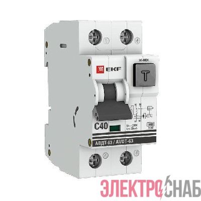 Выключатель автоматический дифференциального тока 1п+N 2мод. C 40А 30мА тип A 6кА АВДТ-63 (эл-мех.) PROxima EKF DA63-40-30