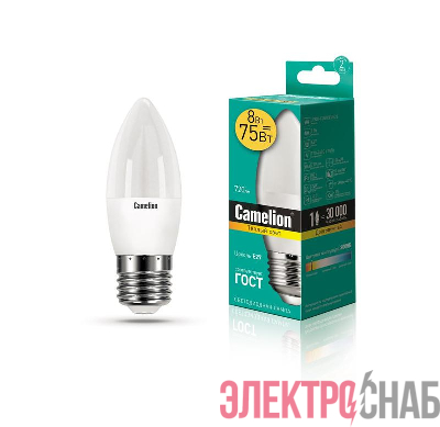 Лампа светодиодная LED8-C35/830/E27 8Вт свеча 3000К тепл. бел. E27 720лм 170-265В Camelion 12389