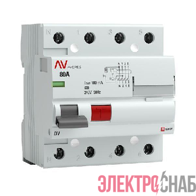 Выключатель дифференциального тока (УЗО) 4п 80А 100мА тип A DV AVERES EKF rccb-4-80-100-a-av