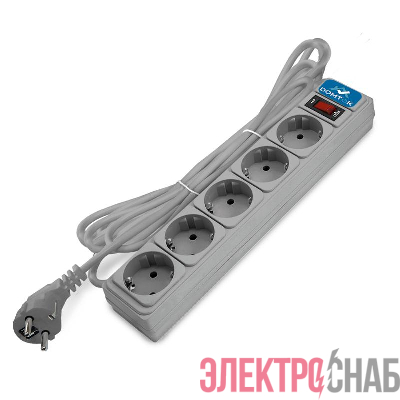 Удлинитель с сетевым фильтром 5х5м с заземл 10А IP20 2.2кВт ПВС 3х1 с выкл. сер. DOMTOK 2534