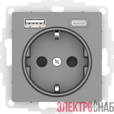 Розетка 1-м СП AtlasDesign 16А IP20 с 2-мя заряд. устройствами USB тип A+C механизм сталь SE ATN000932