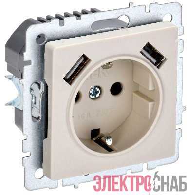 Розетка BRITE РЮш10-1-БрКр 16А с USB A+A 2.1А с заземл. защ. шторки механизм беж. IEK BR-R14-16-U21-D21-K10