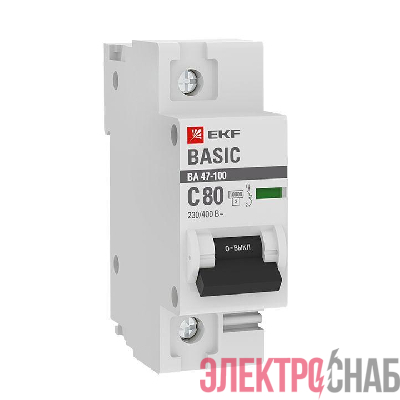 Выключатель автоматический модульный 1п C 80А 10кА ВА 47-100 Basic EKF mcb47100-1-80C-bas