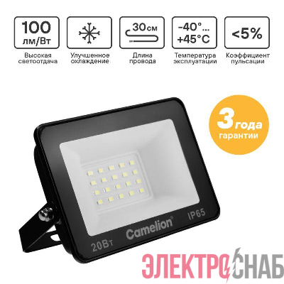 Прожектор светодиодный LFL-2004 C02 LED SMD 20Вт IP65 6500К 2000лм 230В 113х102х24 черн. Camelion 16330