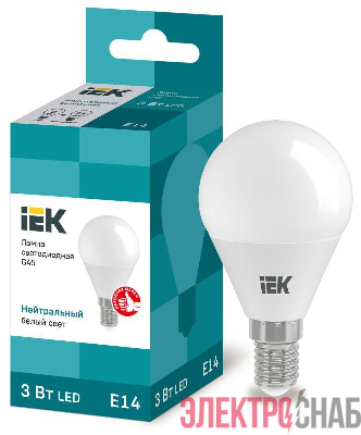 Лампа светодиодная Eco G45 3Вт шар 4000К нейтр. бел. E14 216лм 230-240В IEK LLE-G45-3-230-40-E14