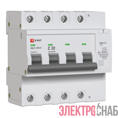 Выключатель автоматический дифференциального тока C 32А  30мА тип AC 6кА АД-4  (электрон.) защита 270В PROxima EKF DA4-6-32-30-pro