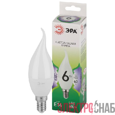 Лампа светодиодная GREEN LINE BXS-6W-865-E14 GL 6Вт свеча на ветру 6500К свет холод. E14 Эра Б0067113