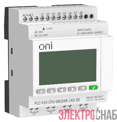 Модуль ЦПУ ПЛК 410 4 DI 4 UI (0-10 В/DI) 4 RO 12В-24В DC или 24В AC с Ethernet портом с экраном ONI PLC-410-CPU-08U04R-1AD-00