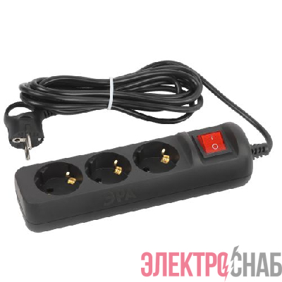 Удлинитель 3х5м с заземл. 10А с выкл. ПВС 3х0.75 черн. UX-3es-5m-B Эра Б0057729