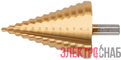 Сверло ступенчатое HSS по металлу 13 ступеней 4-8-12-16-20-24-28-32-36-40-44-48-52мм MOS 36387М