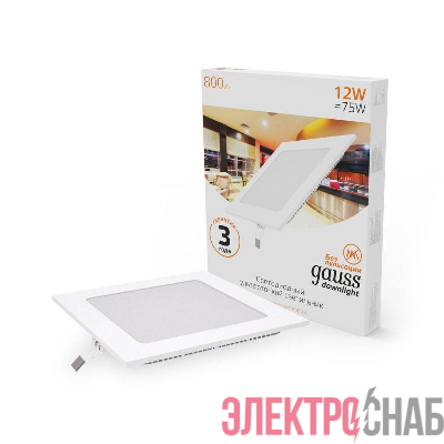 Светильник светодиодный Slim 12Вт 3000К IP20 800лм 220-240В ДВО квадрат бел. GAUSS 940111112