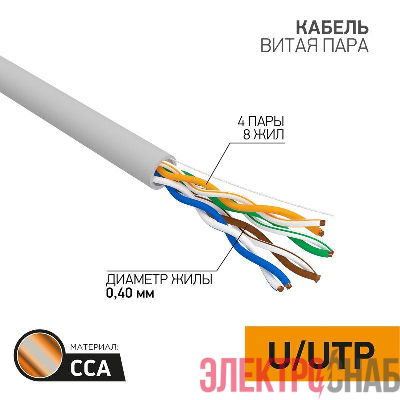 Кабель витая пара U/UTP кат.5 4х2х26AWG омедненный алюм. сер. (уп.305м) LIGHT PROCONNECT 01-0048-3